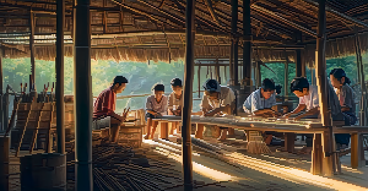 Villagers crafting bamboo rockets in a workshop during Thailand's Rocket Festival, with detailed hands and materials in a warm-lit environment.