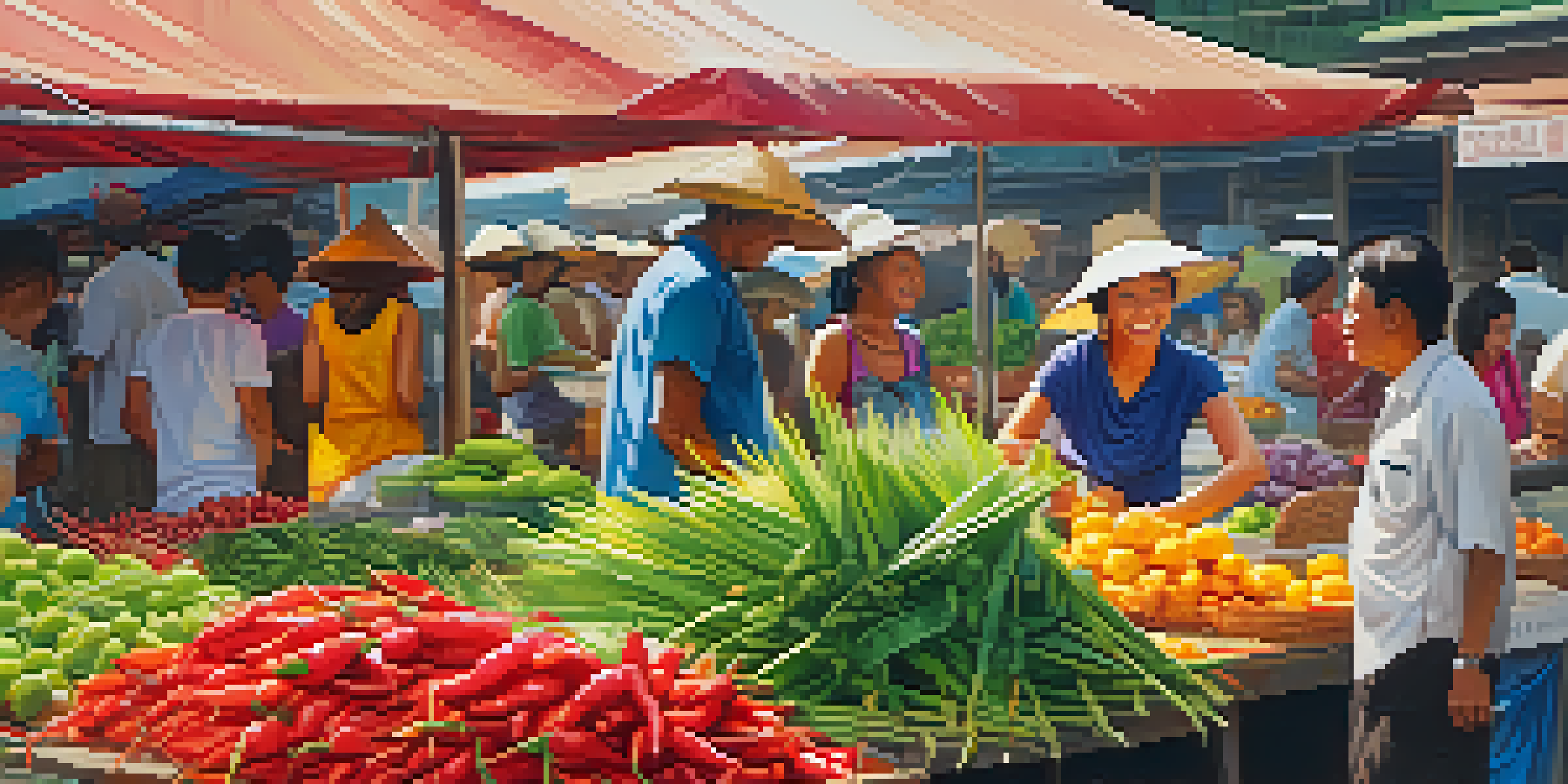 A bustling Thai market with various fresh produce and local vendors interacting with customers.