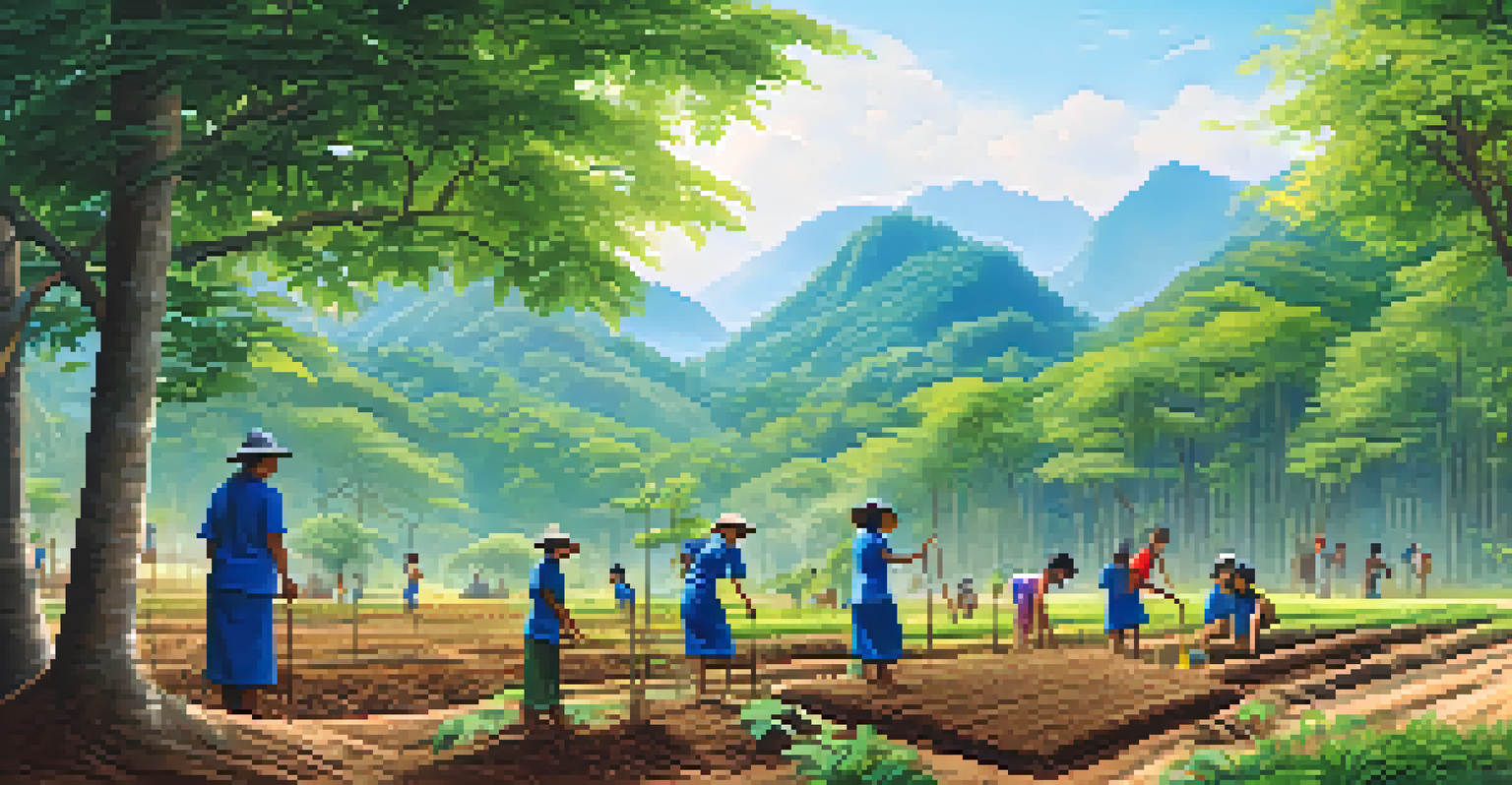 Local community members engaged in a reforestation project, planting trees in a vibrant landscape under a clear blue sky.