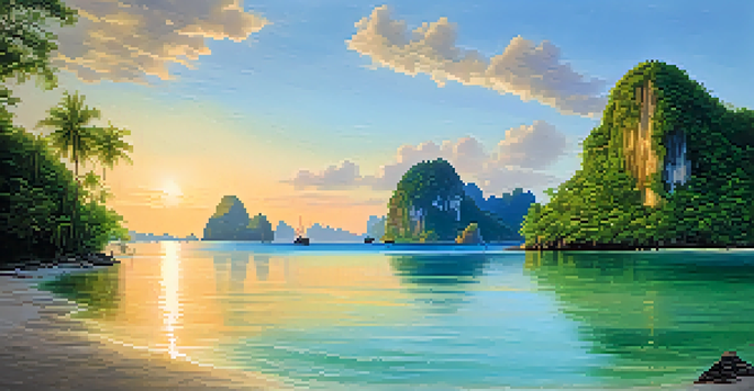 A tranquil sunset view of Koh Yao Islands, featuring sandy beaches, clear waters, and green hills bathed in warm sunlight.