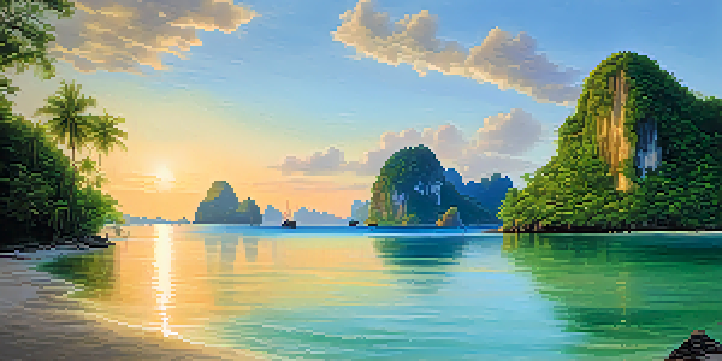 A tranquil sunset view of Koh Yao Islands, featuring sandy beaches, clear waters, and green hills bathed in warm sunlight.