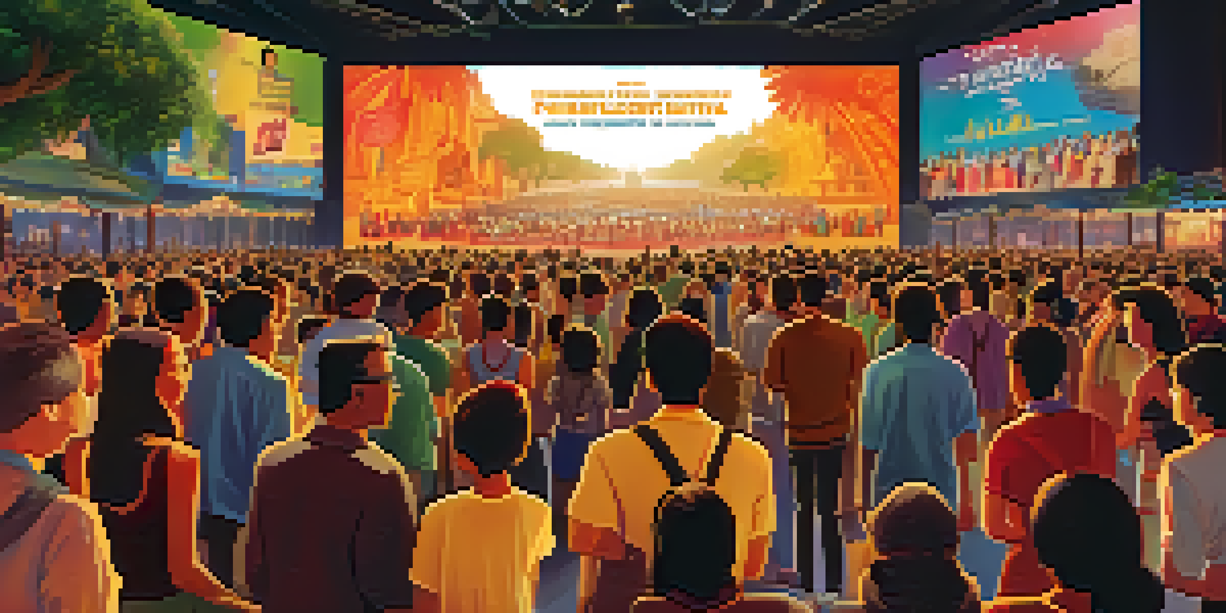A lively gathering at the Bangkok International Film Festival with diverse attendees discussing films, surrounded by colorful posters and a large screen.