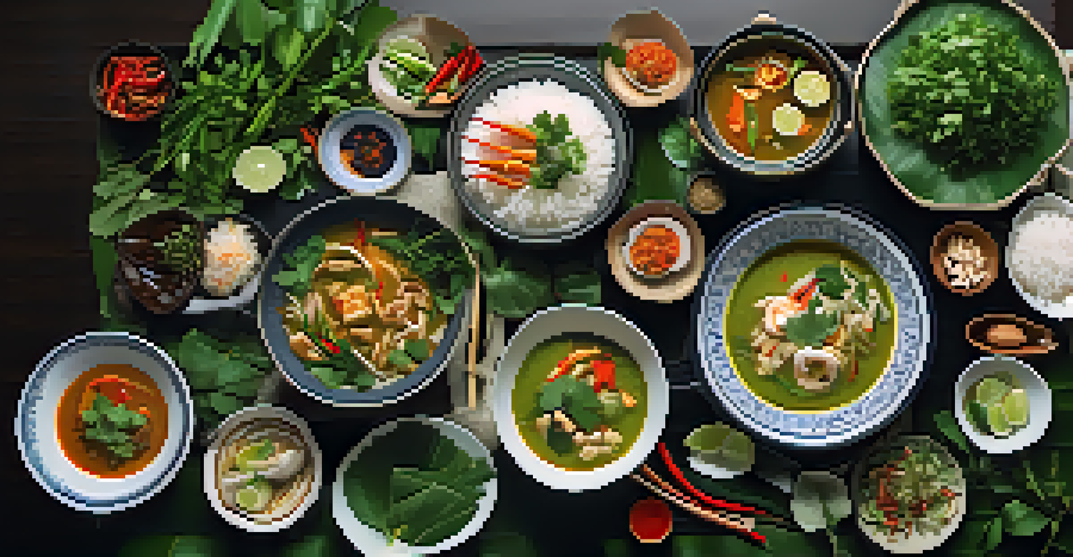 An overhead view of a dining table filled with various Thai dishes, showcasing an array of colors and garnishes in a cozy setting.