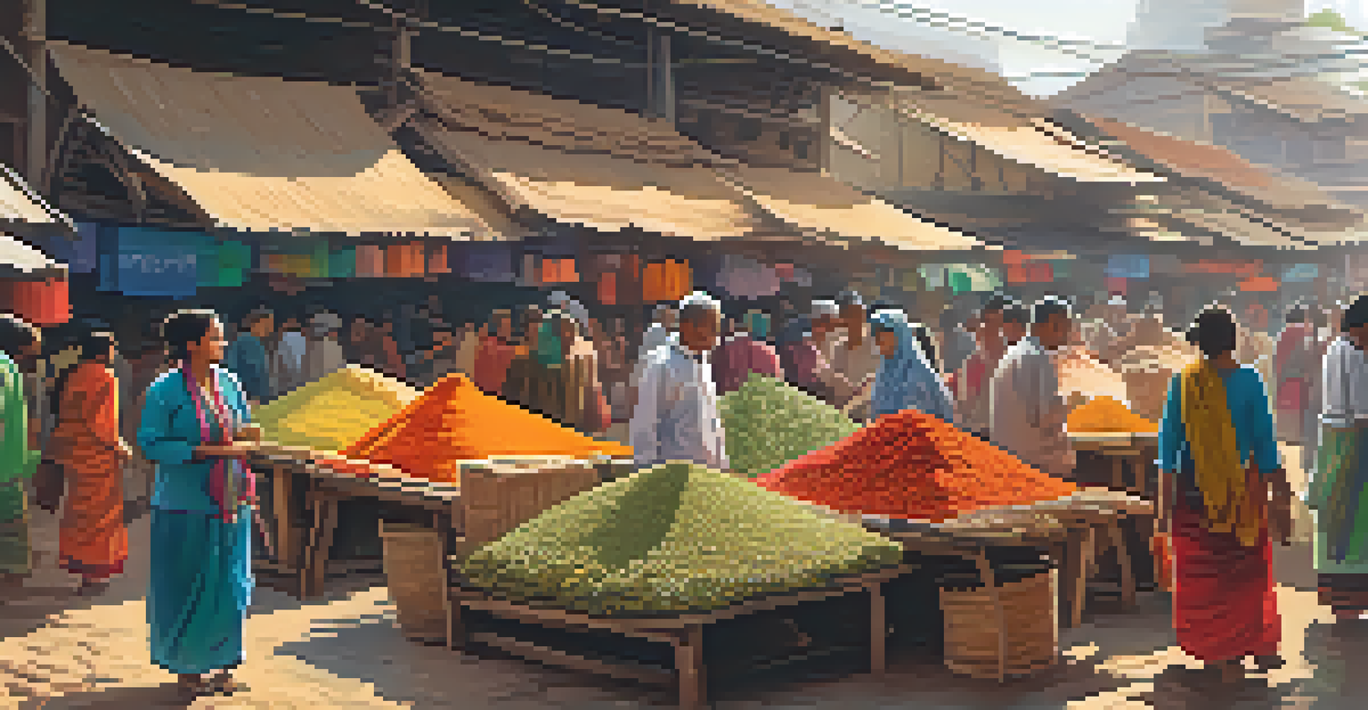 A lively market scene from the Mon Kingdom with colorful stalls and locals in traditional attire.