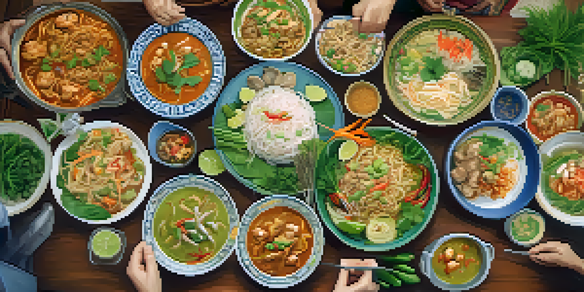 A family gathered around a wooden dining table filled with traditional Thai dishes, smiling and enjoying their meal together in a warm atmosphere.