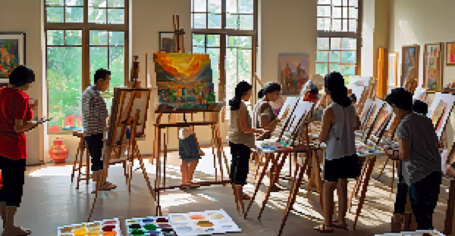 An engaging art workshop in a Thai gallery with participants of various ages painting on canvases, guided by an experienced artist.