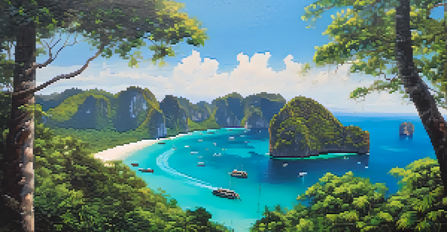 Panoramic view of Koh Phi Phi Don with turquoise waters and dramatic cliffs.