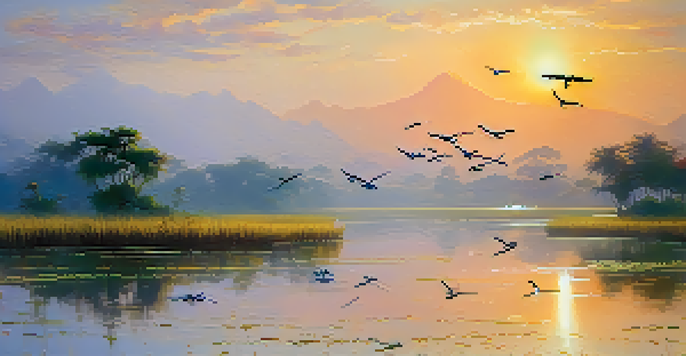 A peaceful wetland in Thailand with colorful migratory birds flying in the morning light, surrounded by lush greenery and mist.