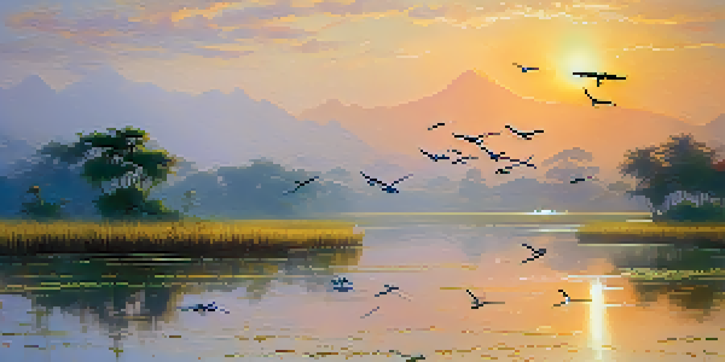 A peaceful wetland in Thailand with colorful migratory birds flying in the morning light, surrounded by lush greenery and mist.
