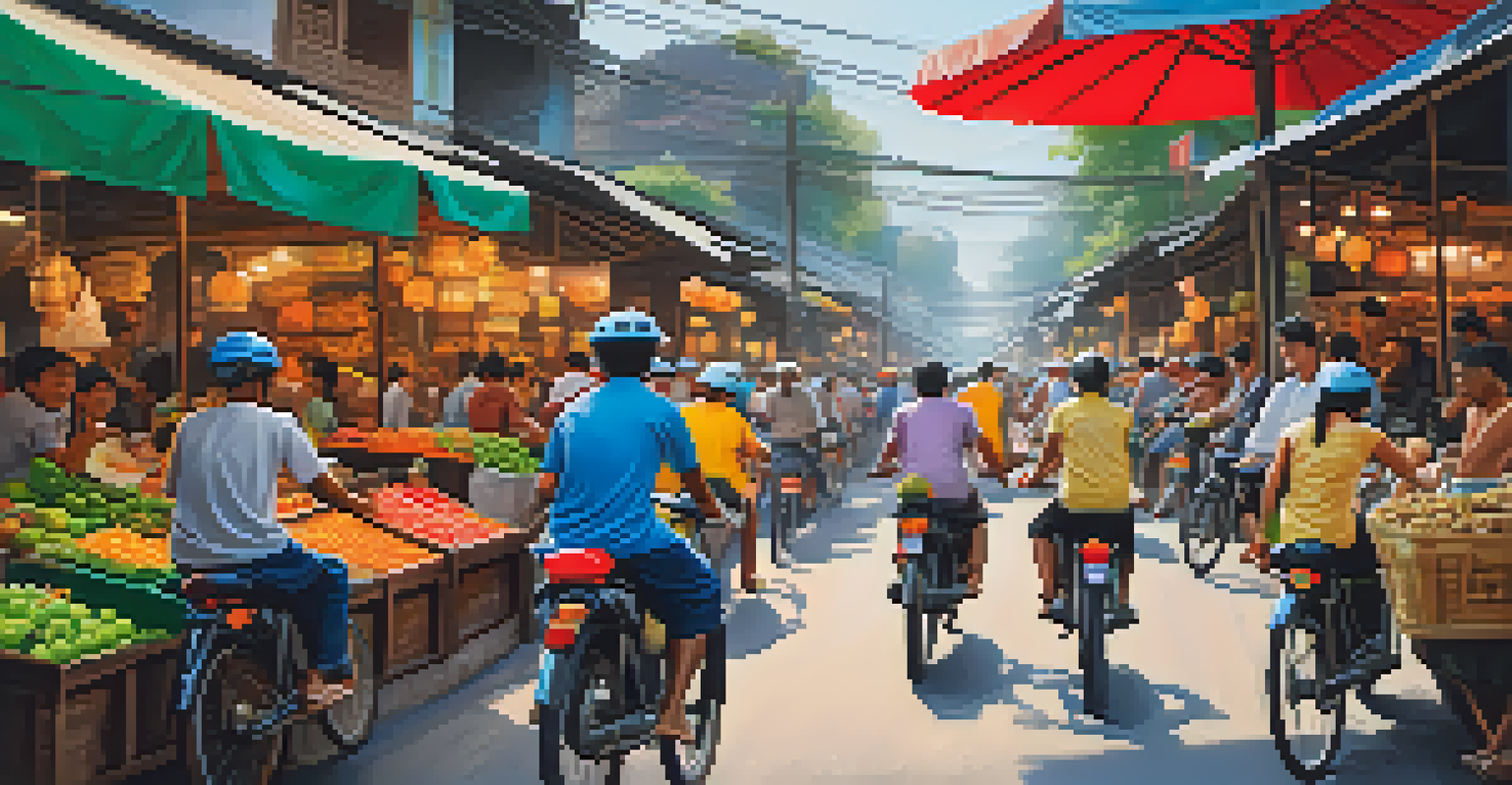 Cyclists riding through a lively Thai town with street markets and motorbikes around them.