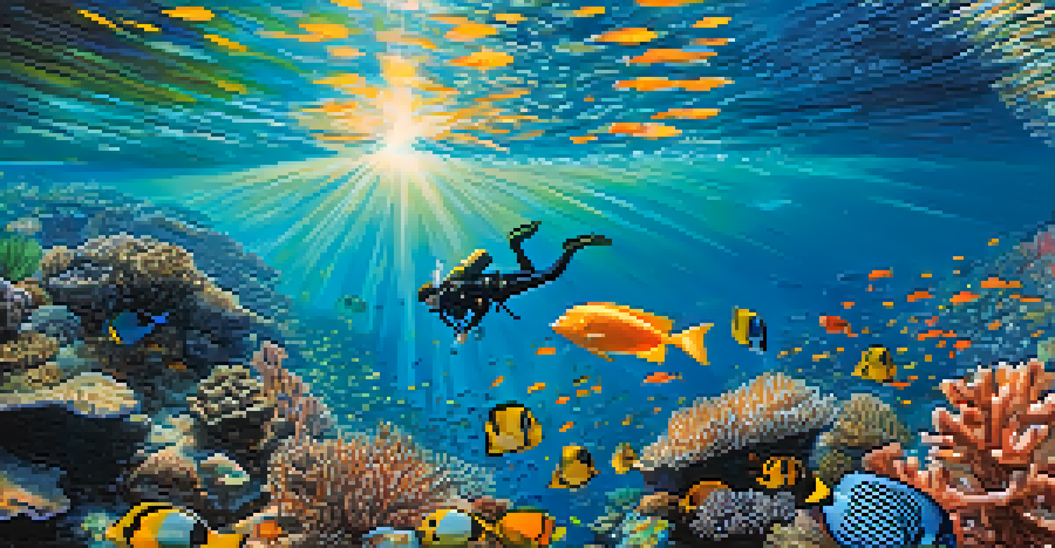 An underwater scene of colorful coral reefs in Koh Tao with fish and a diver observing the marine life.