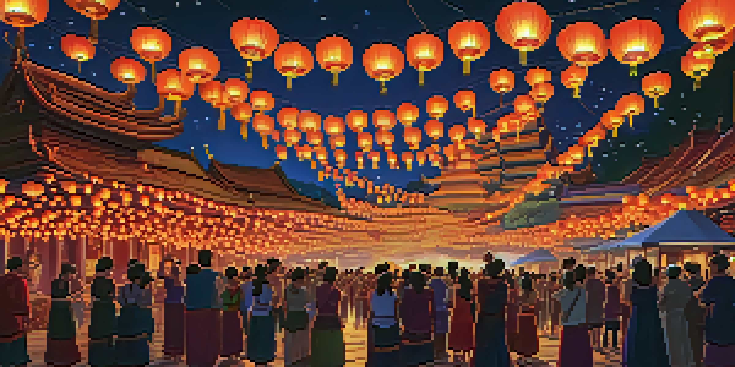 A vibrant night scene of the Yi Peng Lantern Festival with glowing lanterns in the sky and people releasing them near ancient temples.