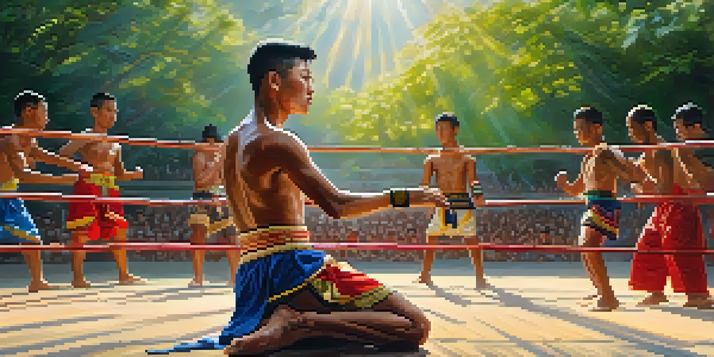 A Thai Muay Thai fighter performing the 'Wai Khru' dance in a sunlit outdoor arena, showcasing respect and mindfulness.