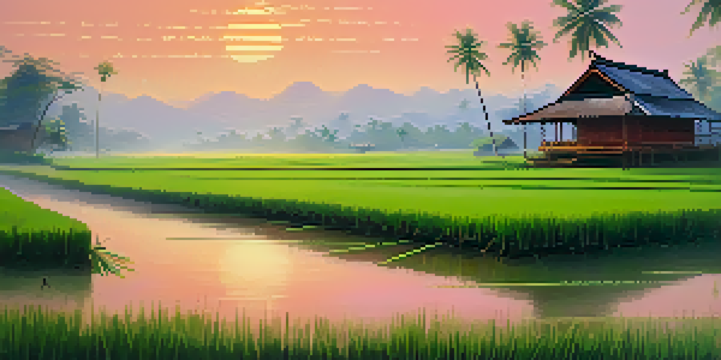 A peaceful rural scene in Thailand at sunrise, showing rice paddies and a traditional wooden house.