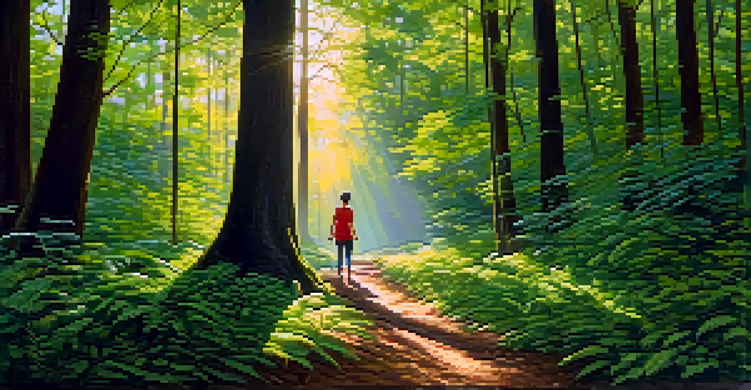 A person practicing forest bathing in a lush green forest with sunlight filtering through the leaves and soft earth beneath their feet.