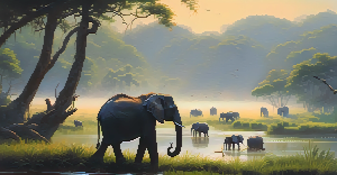 A peaceful morning in Khao Yai National Park with elephants grazing by a river and colorful birds in the trees.