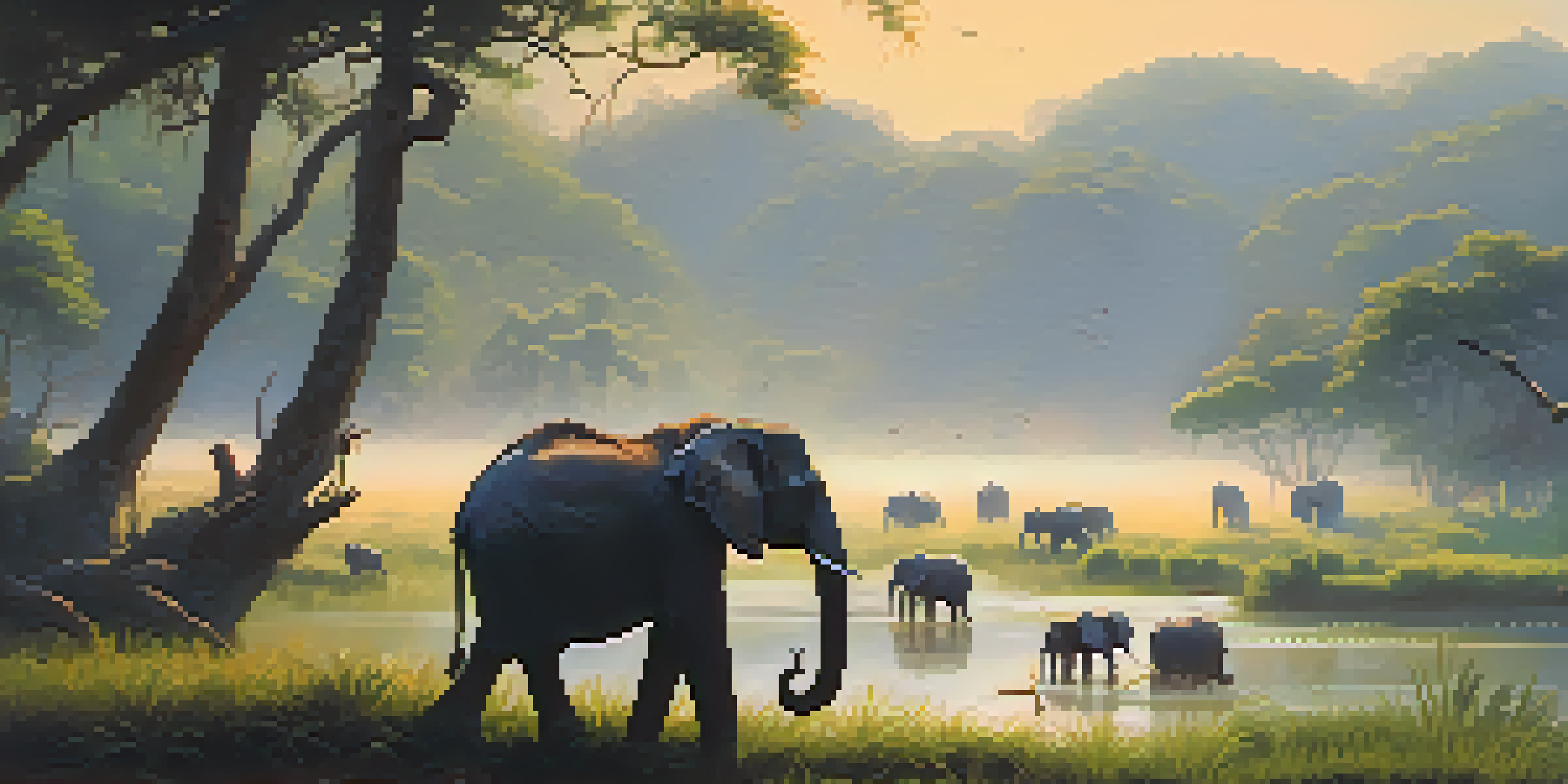 A peaceful morning in Khao Yai National Park with elephants grazing by a river and colorful birds in the trees.