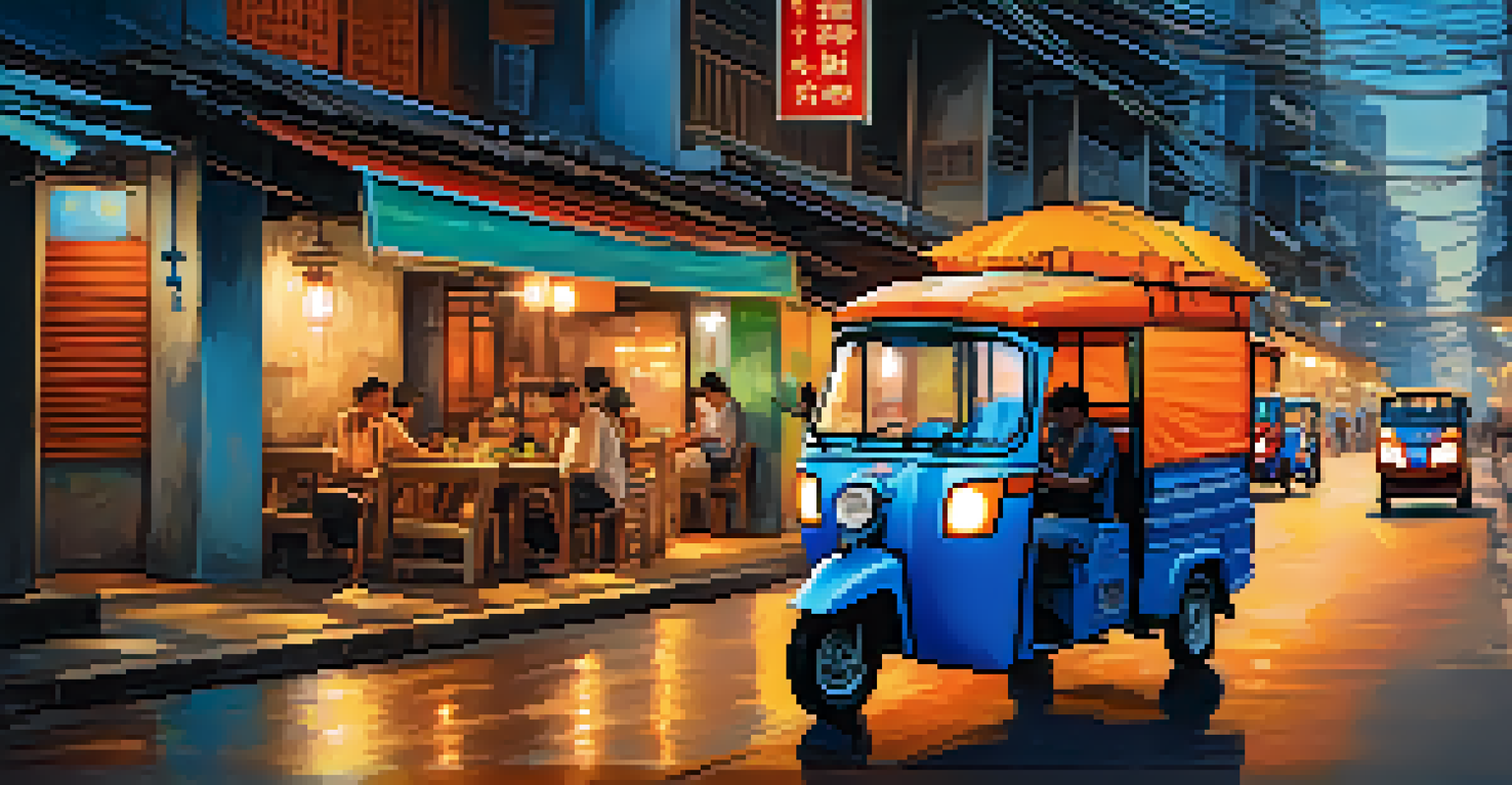 A tuk-tuk in a softly lit Bangkok alley at night, surrounded by glowing lanterns and people enjoying the local nightlife.