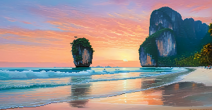 A beautiful sunrise over Railay Beach, with colorful skies and calm waters, featuring limestone cliffs and a longtail boat.