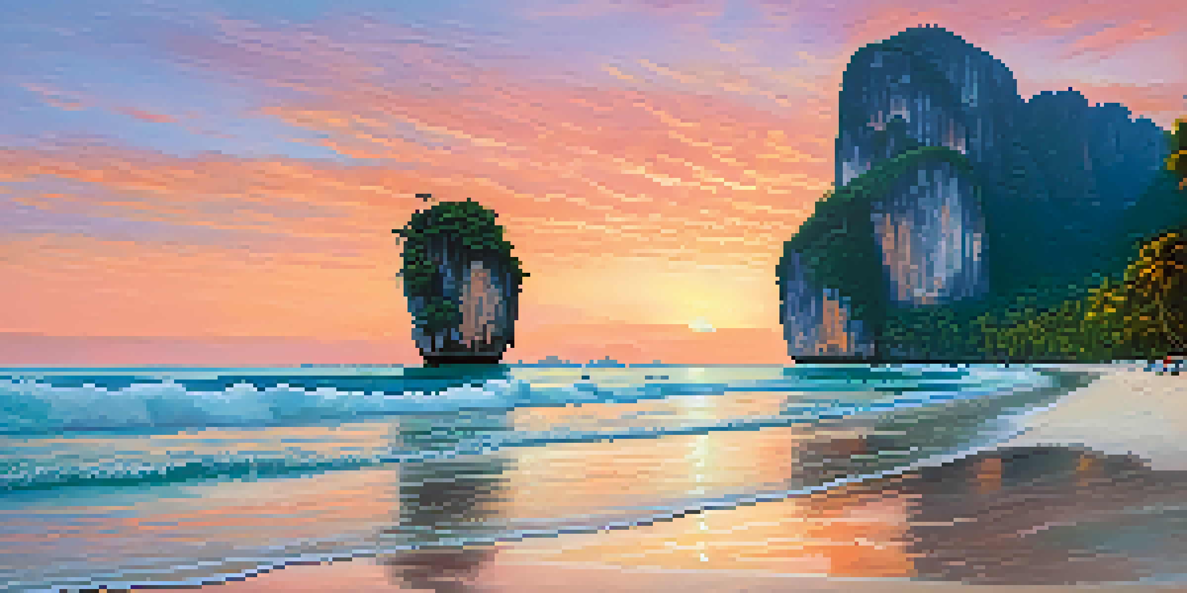 A beautiful sunrise over Railay Beach, with colorful skies and calm waters, featuring limestone cliffs and a longtail boat.