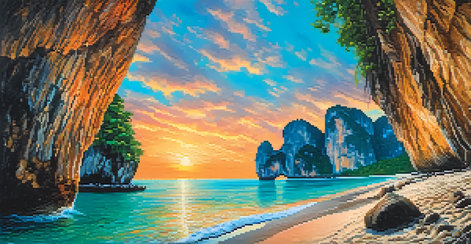 Climbers ascending limestone cliffs at Railay Beach during sunset, surrounded by turquoise waters.