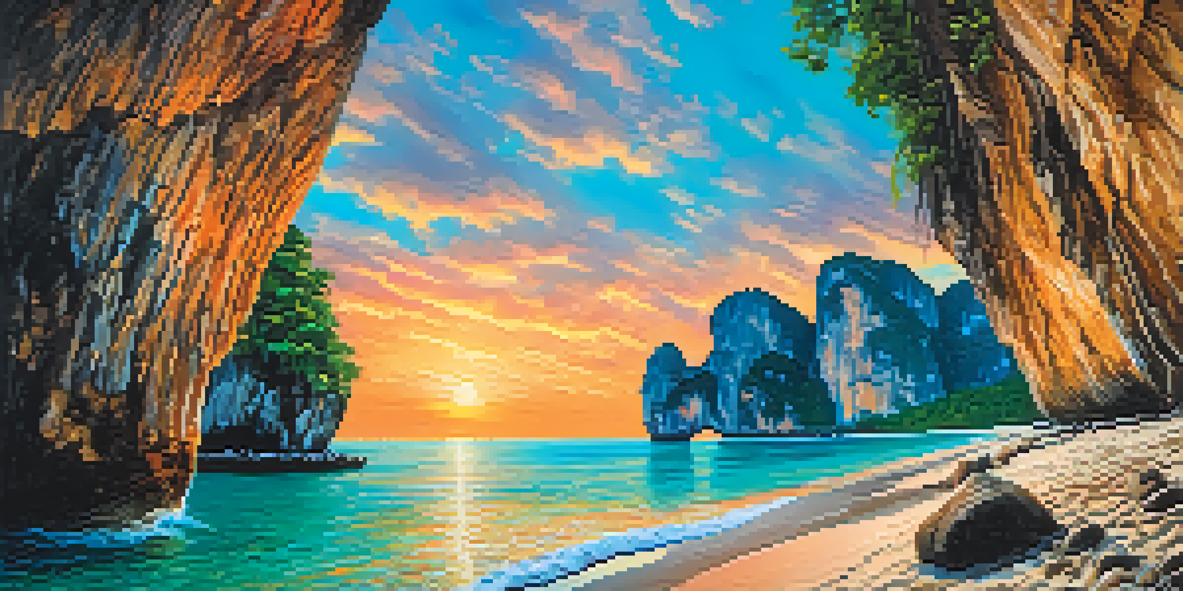 Climbers ascending limestone cliffs at Railay Beach during sunset, surrounded by turquoise waters.