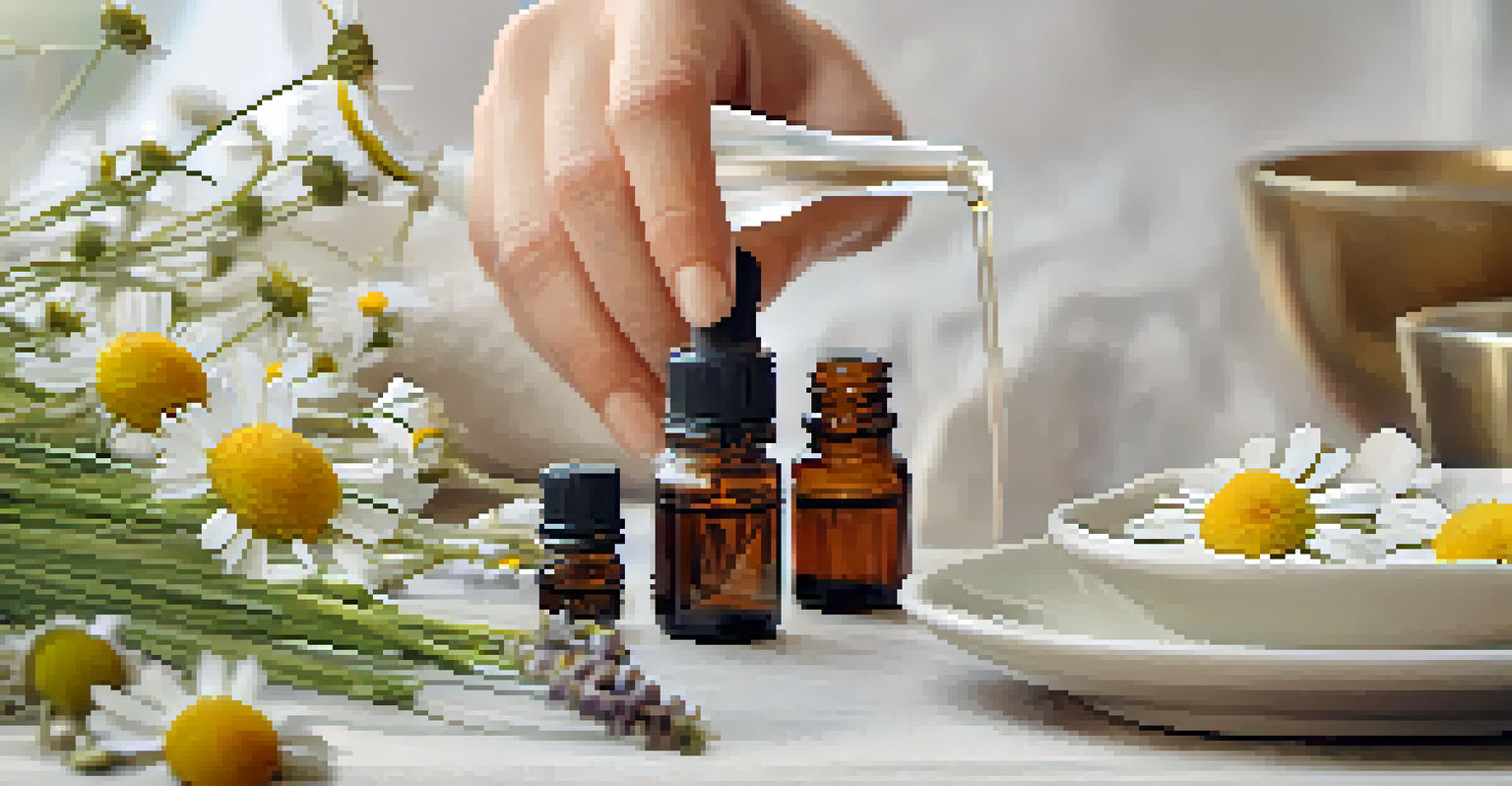 A close-up of a hand holding an essential oil dropper bottle, surrounded by herbal tea and chamomile flowers.