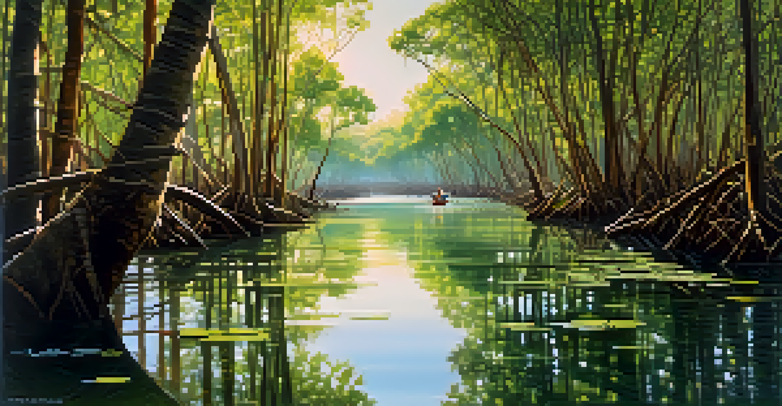 A local guide leading tourists through a mangrove forest in Thailand, surrounded by lush greenery and reflections in the water, with sunlight filtering through the trees.