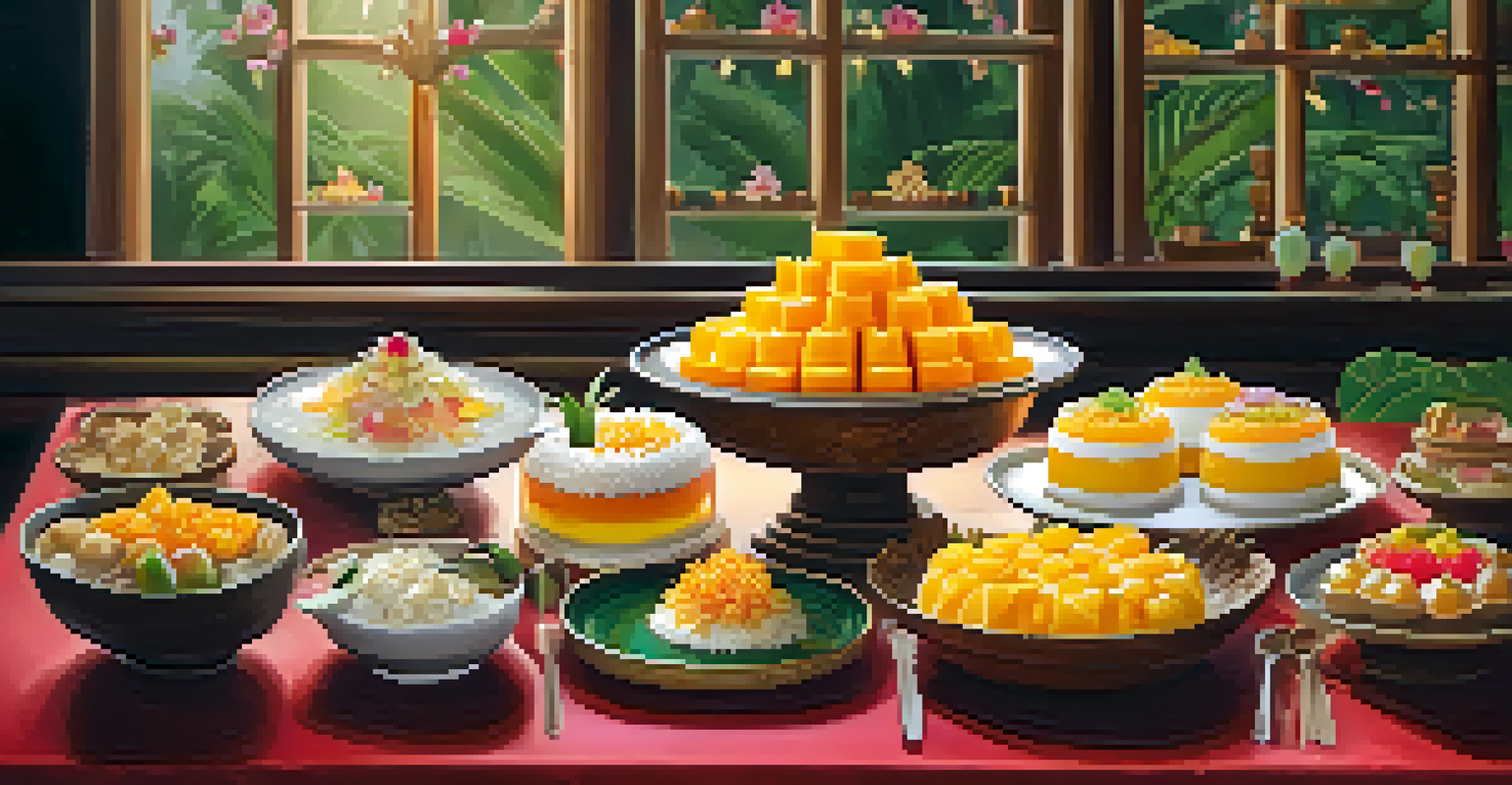 A display of traditional Thai desserts at a family meal, with family members happily sharing and enjoying the sweets.