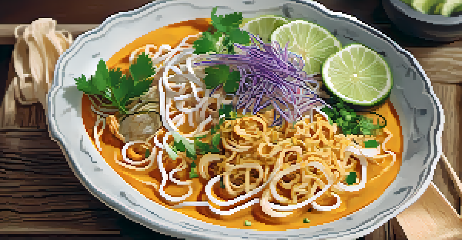 A close-up of Khao Soi, a coconut curry noodle soup garnished with herbs and lime.
