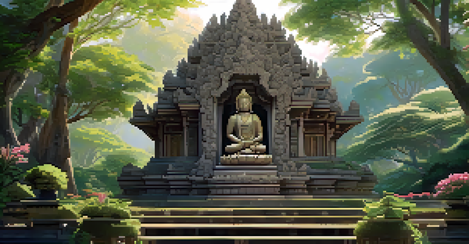 A detailed view of a Mon temple sculpture featuring intricate Buddhist motifs, surrounded by greenery.