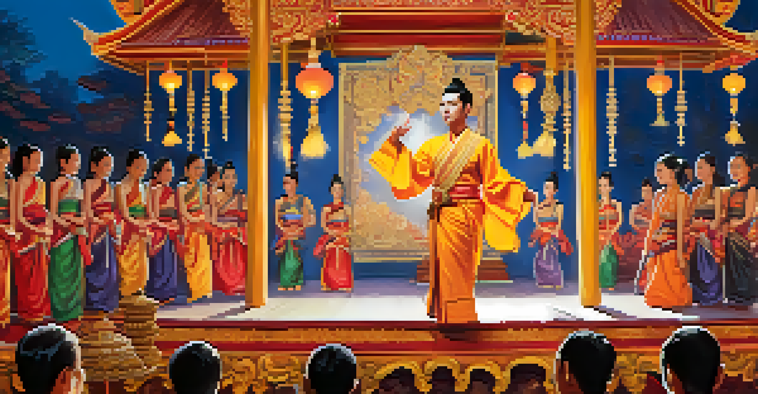A Thai poet performing at a cultural festival surrounded by an engaged audience.