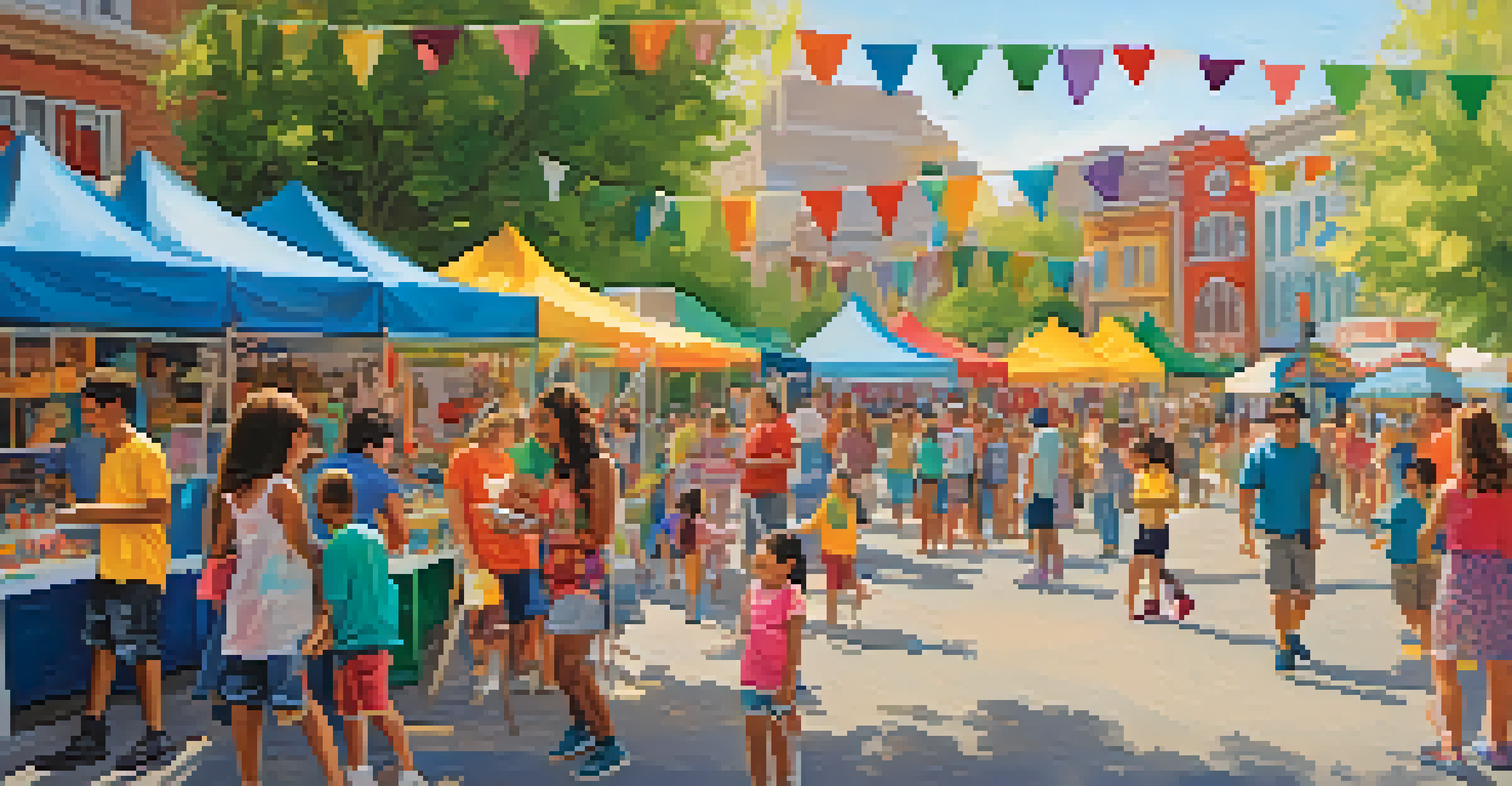 Children having fun at a street fair with face painting, crafts, and a bounce house, surrounded by cheerful parents.
