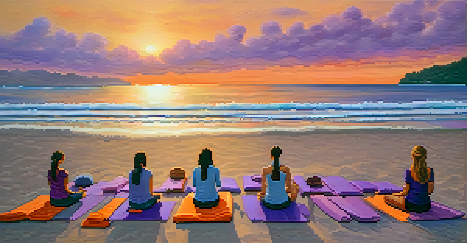 Aerial view of a tranquil beach in Thailand during sunset, with participants meditating on yoga mats and vibrant sky colors.