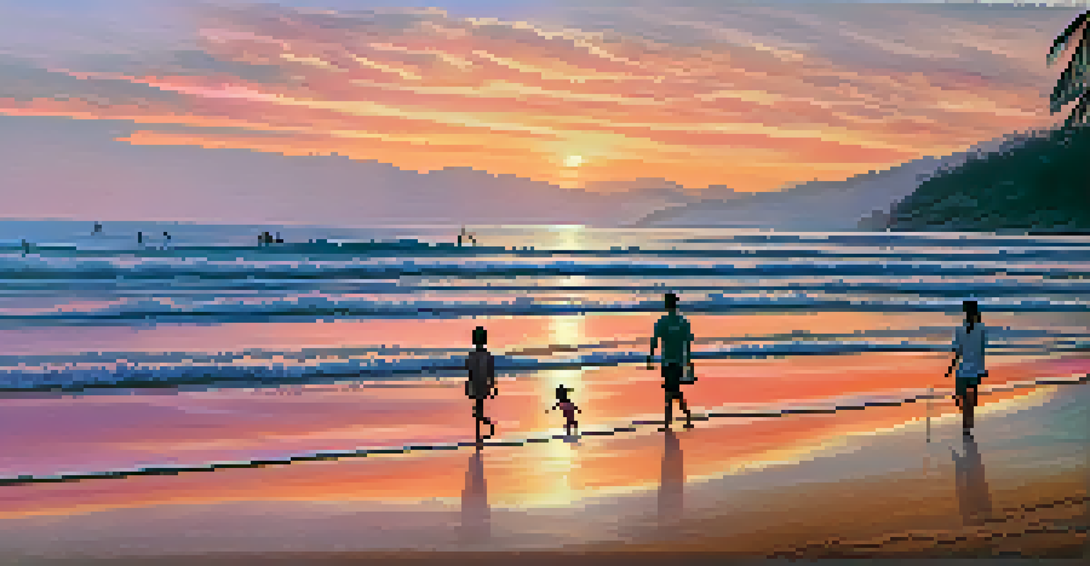 A family walking along Karon Beach during a colorful sunset with calm waves and golden sand.