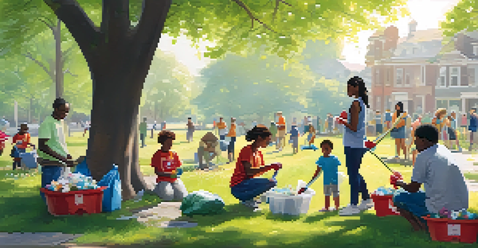 A community clean-up event in a green park with diverse volunteers picking up litter and planting flowers under sunlight.