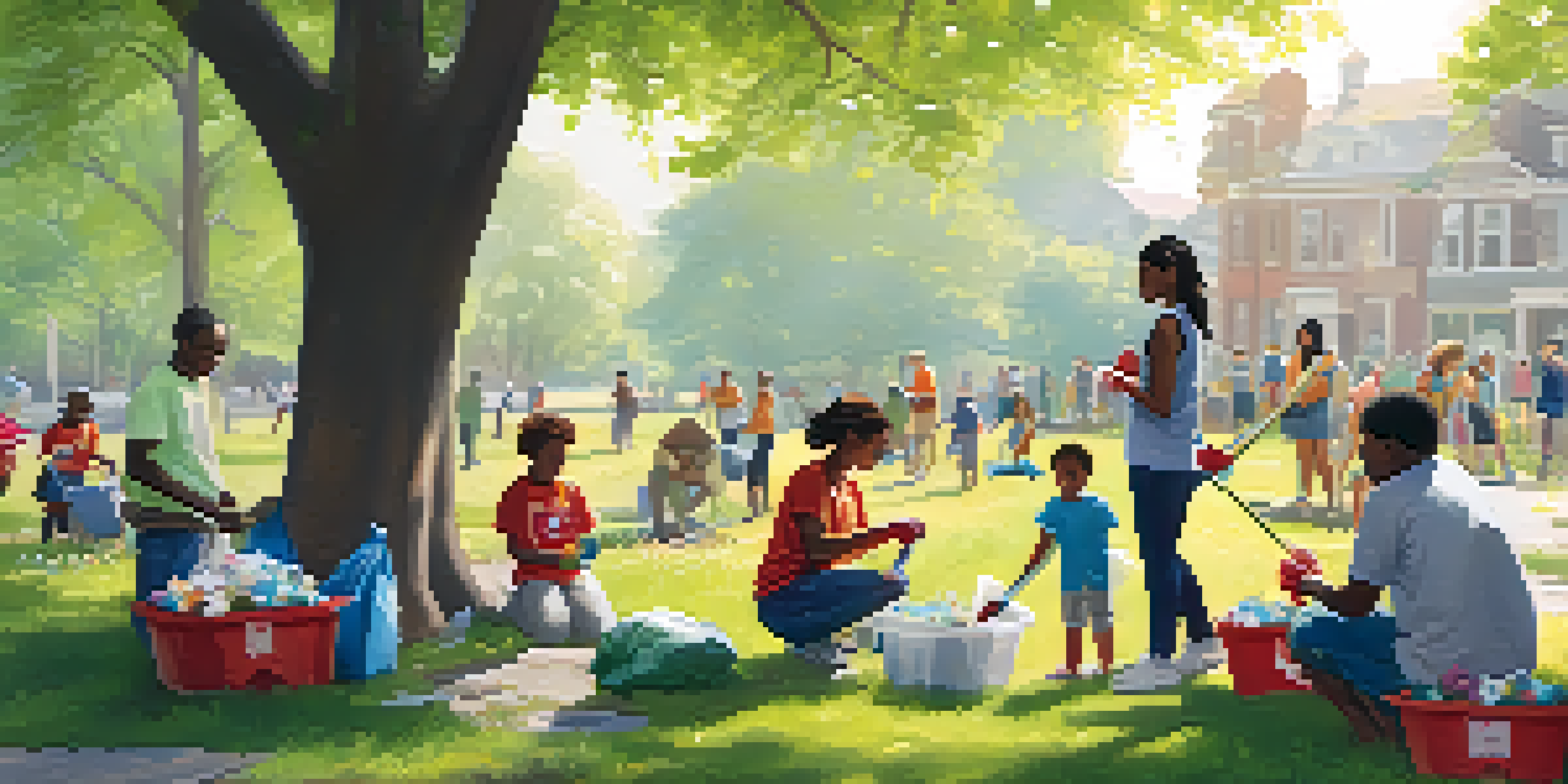 A community clean-up event in a green park with diverse volunteers picking up litter and planting flowers under sunlight.