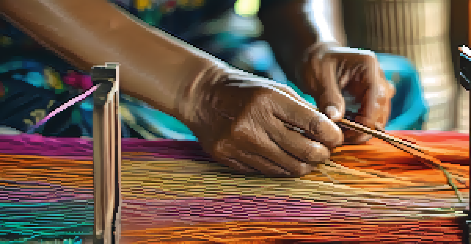 An artisan's hands weaving silk on a loom, showcasing the detailed patterns and vibrant colors of the fabric.