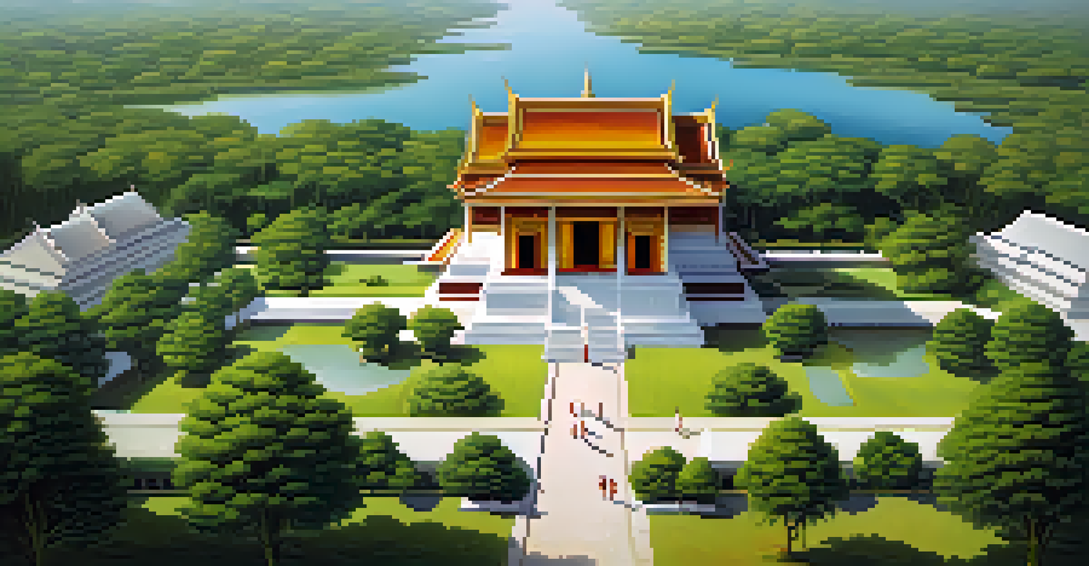 An aerial perspective of the landscaped grounds of the Marble Temple, showcasing gardens, ponds, and small shrines.