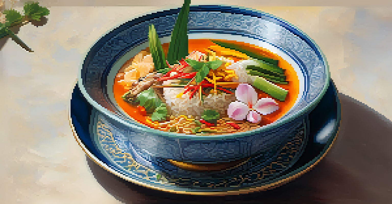 A beautifully presented plate of traditional Thai cuisine with colorful garnishes and fresh ingredients.