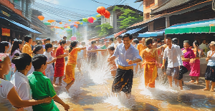 A lively street scene during the Songkran festival in Thailand with people in traditional attire enjoying water splashes and decorations.