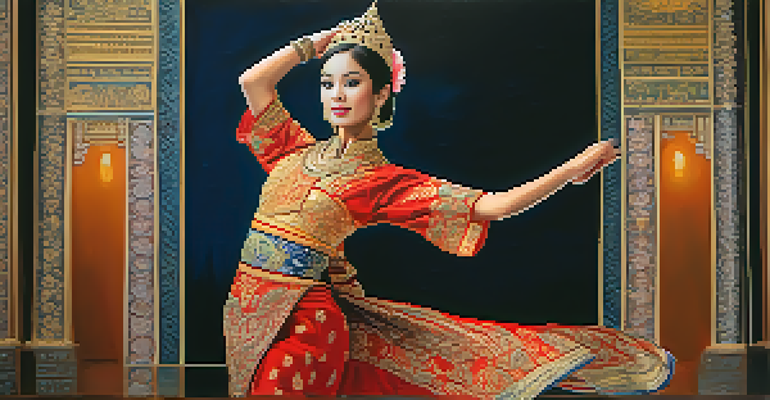 A Thai dancer in traditional attire performing gracefully with intricate patterns in the background.