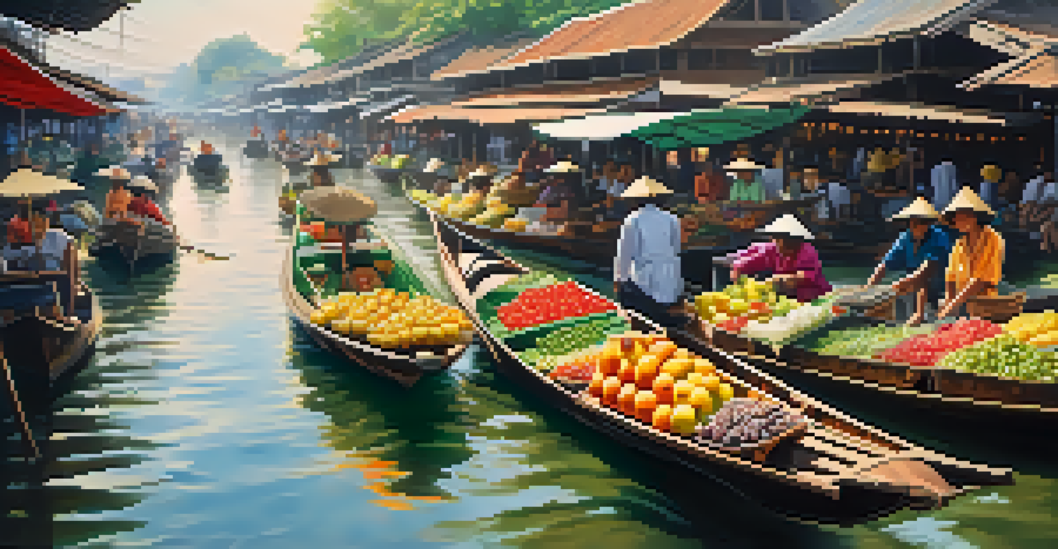 A lively floating market in Thailand, with vendors selling fruits from boats and colorful stalls along the canals.