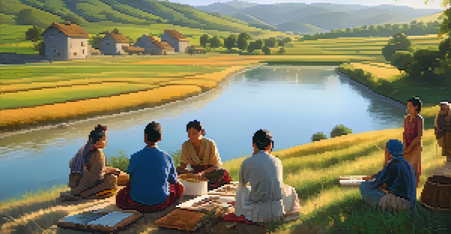 A small village with rolling hills, tourists learning local crafts during a cultural workshop in warm golden hour sunlight.