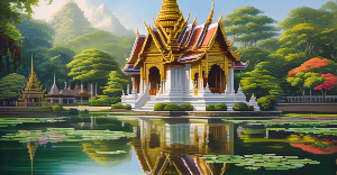 A beautiful Thai temple with golden architecture set in a peaceful garden, surrounded by ponds reflecting the structure under warm sunlight.