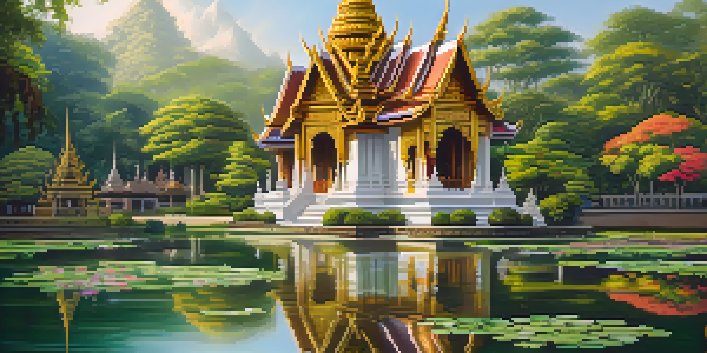 A beautiful Thai temple with golden architecture set in a peaceful garden, surrounded by ponds reflecting the structure under warm sunlight.