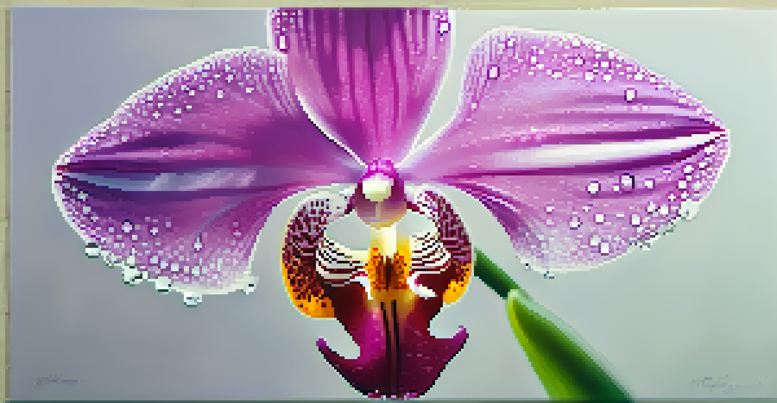 A close-up of a vibrant orchid flower with intricate petals and water droplets glistening in soft light.