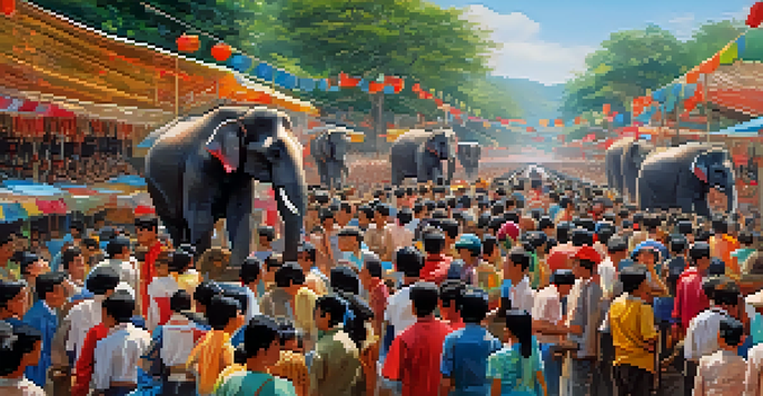 A lively festival scene with decorated elephants and spectators, showcasing the Surin Elephant Round-Up in Thailand.