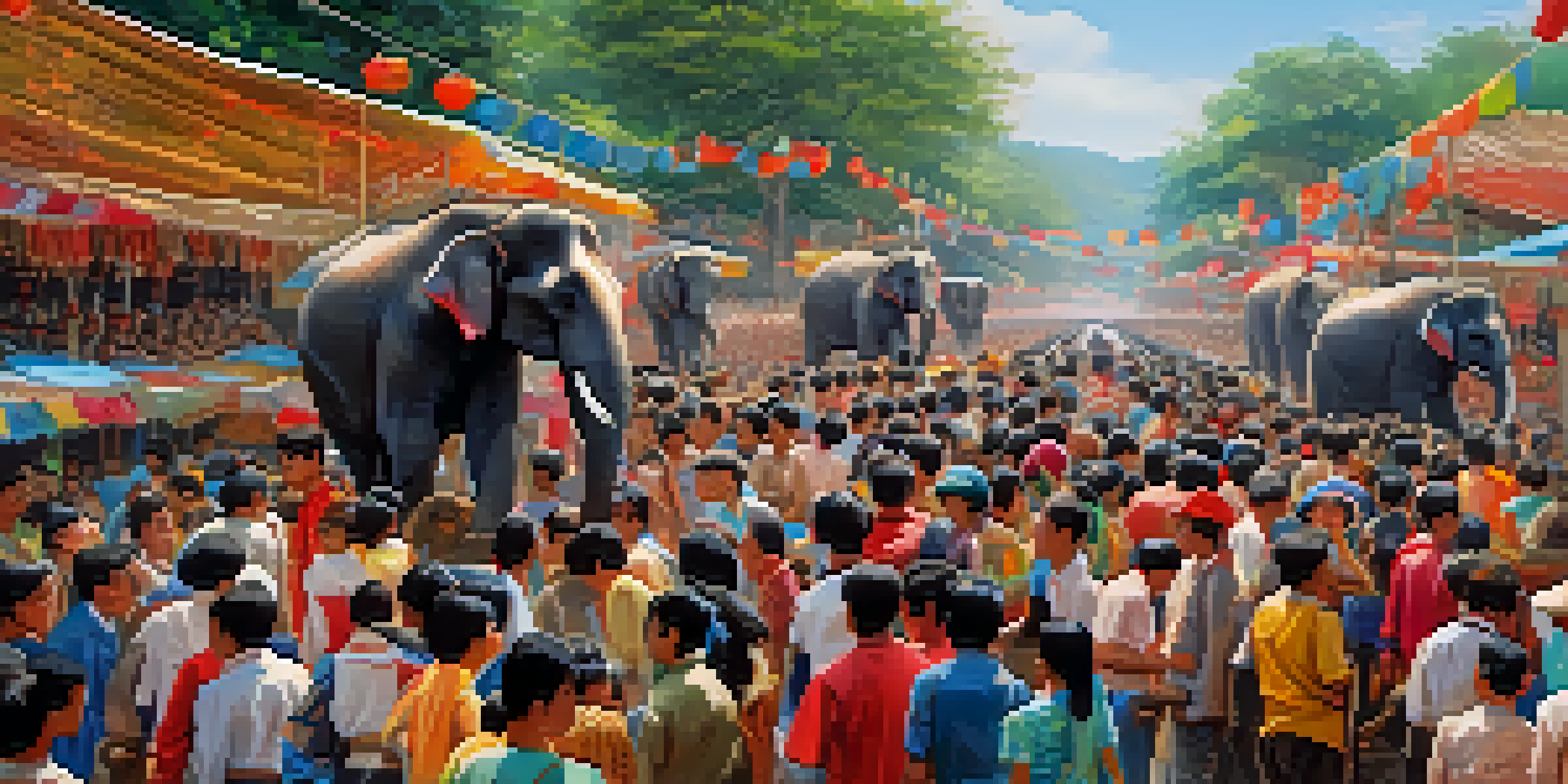 A lively festival scene with decorated elephants and spectators, showcasing the Surin Elephant Round-Up in Thailand.