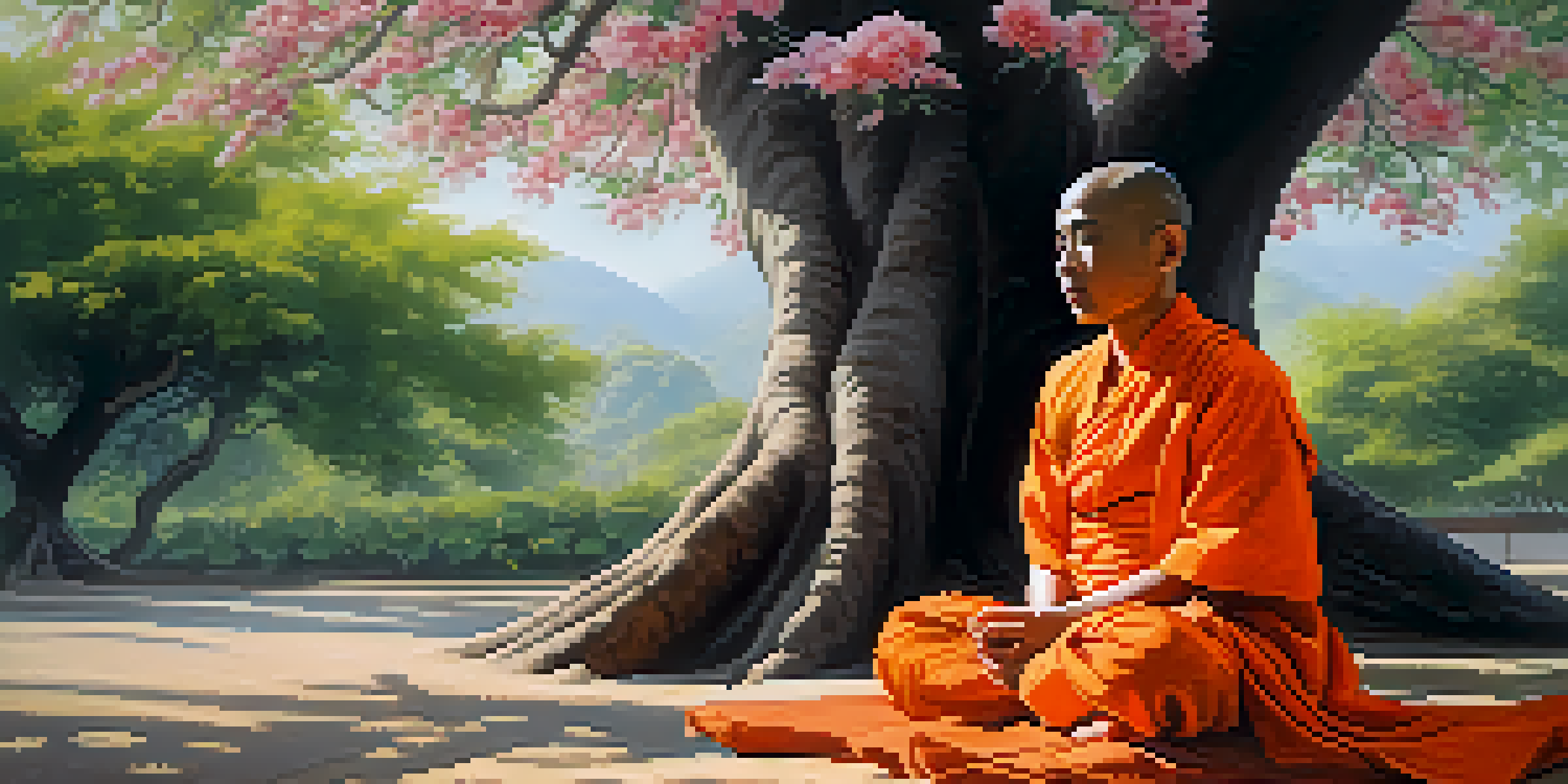 A Thai monk in an orange robe meditating under a Bodhi tree, surrounded by flowers in warm morning light.